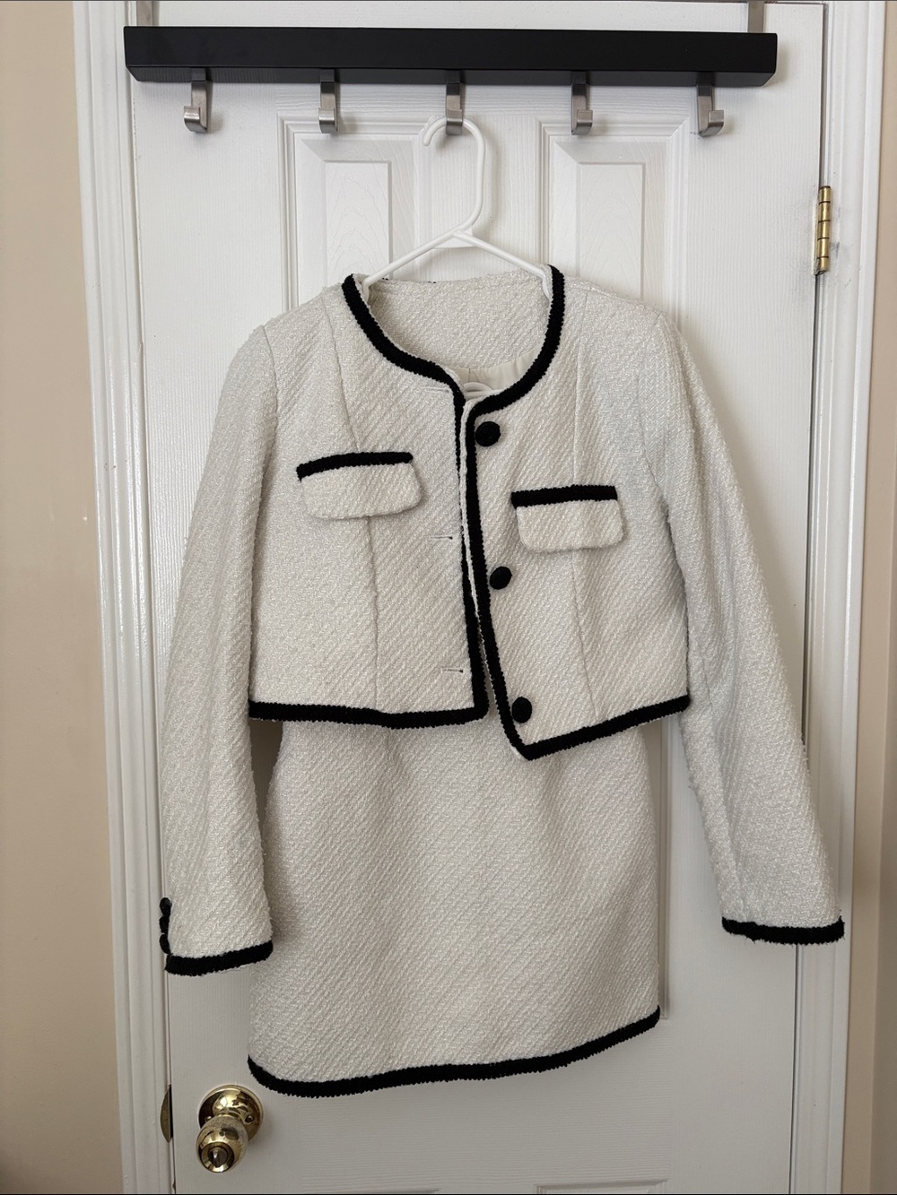 Classic Cream Bouclé Two Piece Crop Blazer and Skirt with Black Trim - Women's